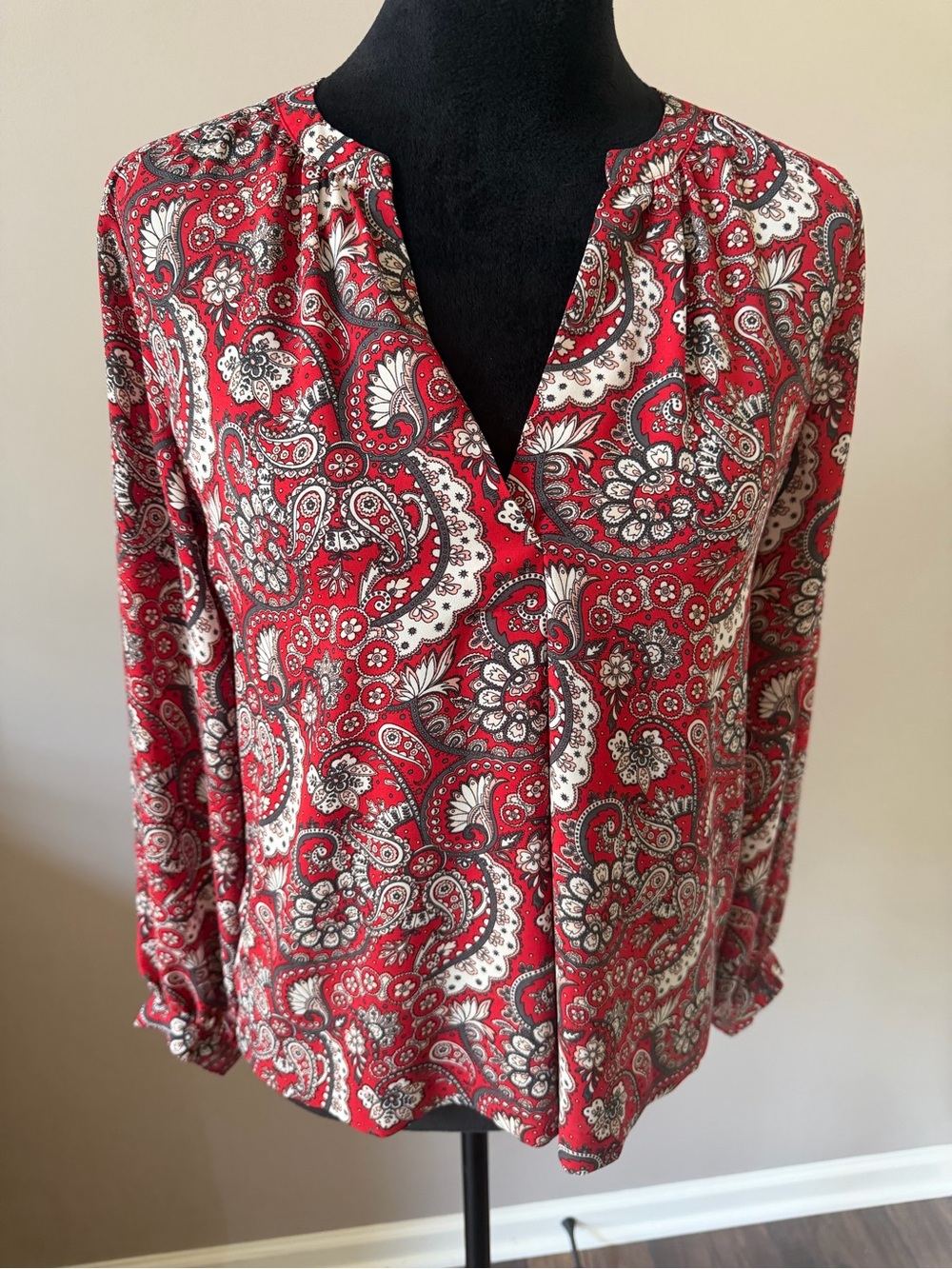 LOFT Red Paisley Long-Sleeve Blouse XSmall